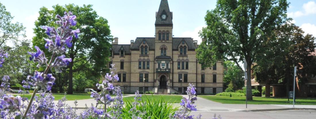 Old Main with purple flowers